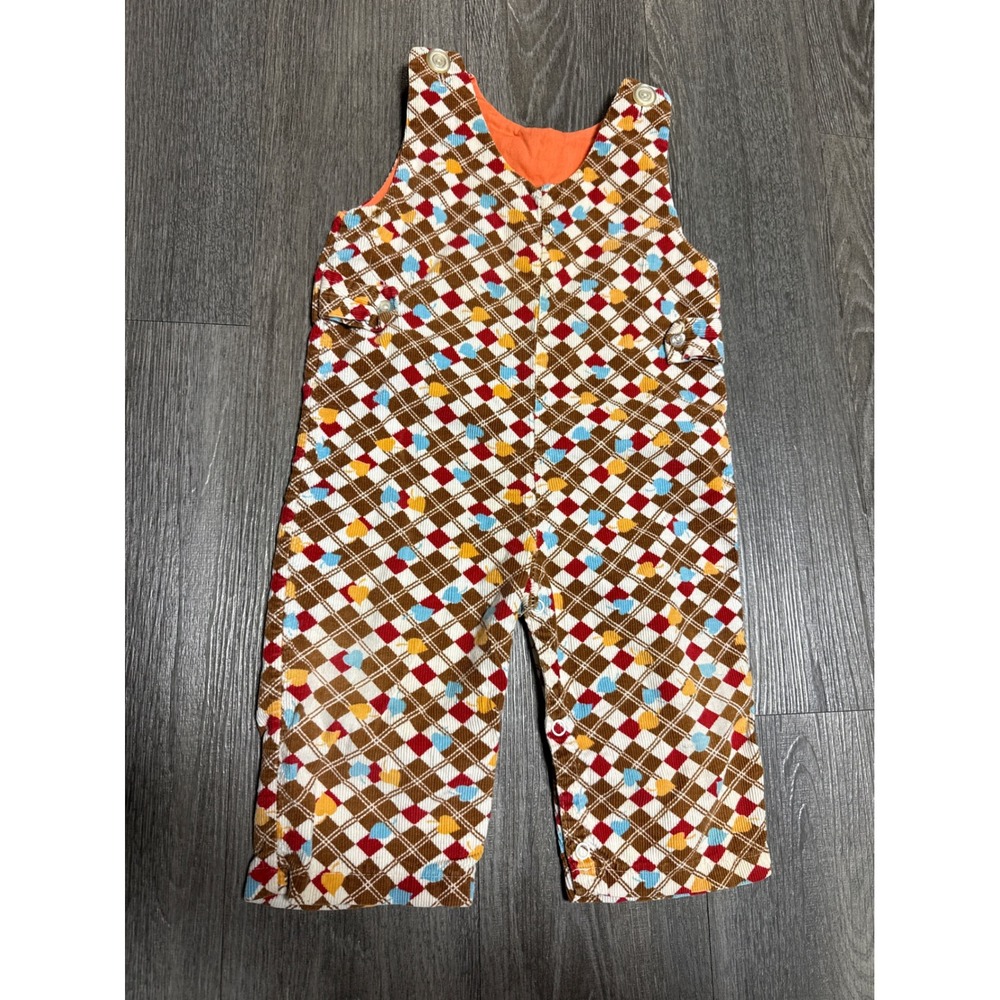 Vintage 70s Corduroy Overalls Toddler 18 m Diamond Heart Print Brown Cotton 100%